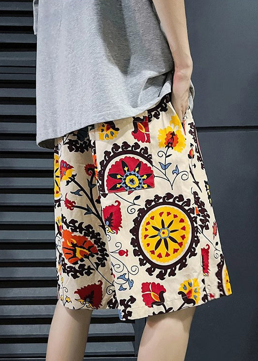 Apricot Print Elastic Waist Cotton Beach Shorts Summer