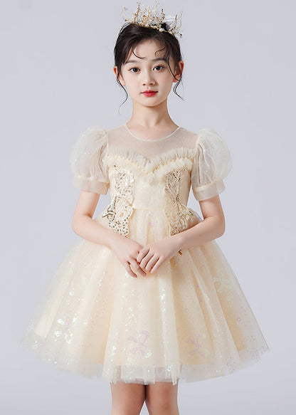 Apricot Puff Sleeve Patchwork Sequins Tulle Kids Robe Dresses Summer
