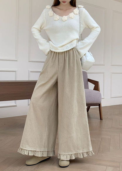 Apricot Ruffled Patchwork Elastic Waist Corduroy Pants Spring
