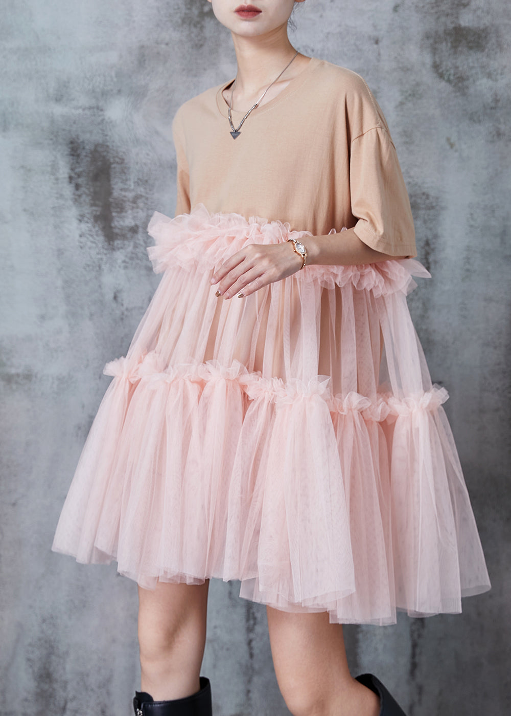 Apricot Ruffled Patchwork Tulle Tea Dress Summer