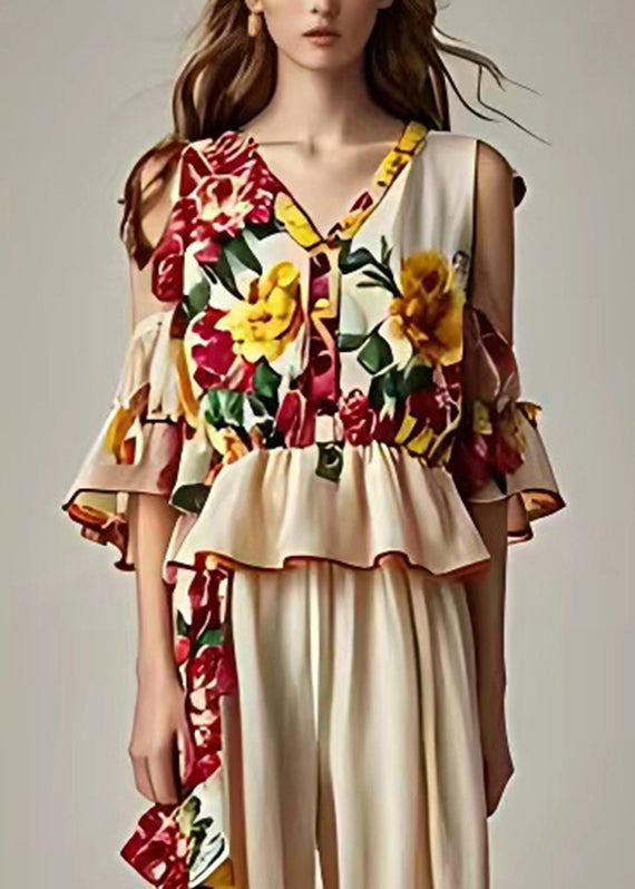 Apricot Ruffled Patchwork Vest and Pants Two Pieces Set Sleeveless