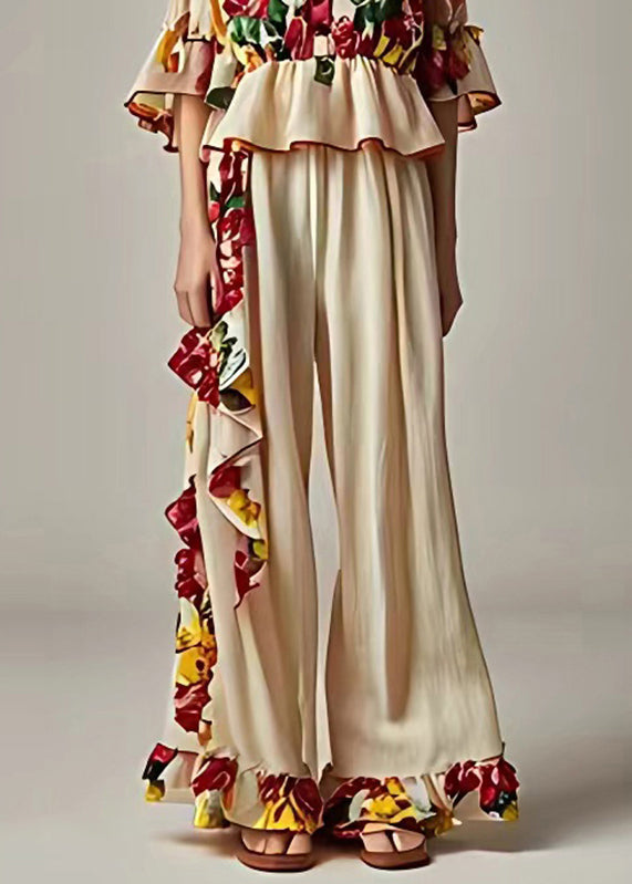 Apricot Ruffled Patchwork Vest and Pants Two Pieces Set Sleeveless