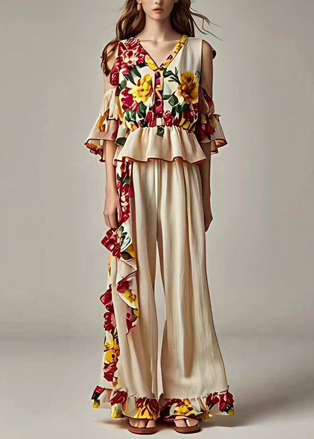 Apricot Ruffled Patchwork Vest and Pants Two Pieces Set Sleeveless