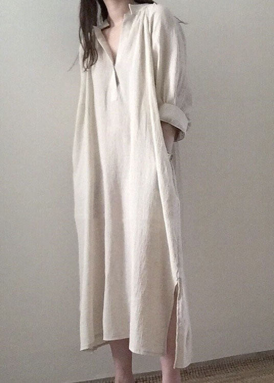 Apricot Side Open Stand Collar Cotton Dresses Long Sleeve