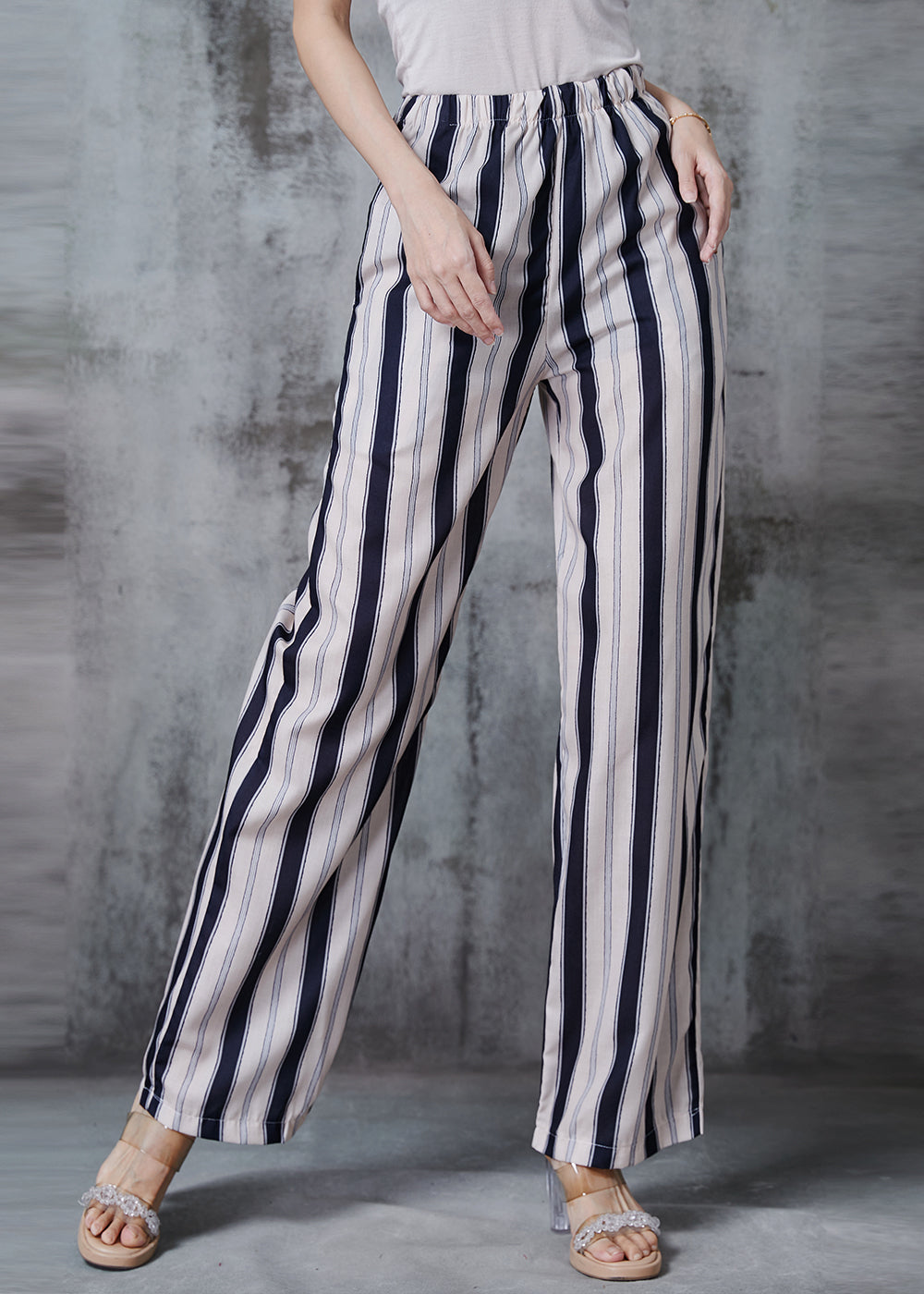Apricot Striped Cotton Straight Pants Spring