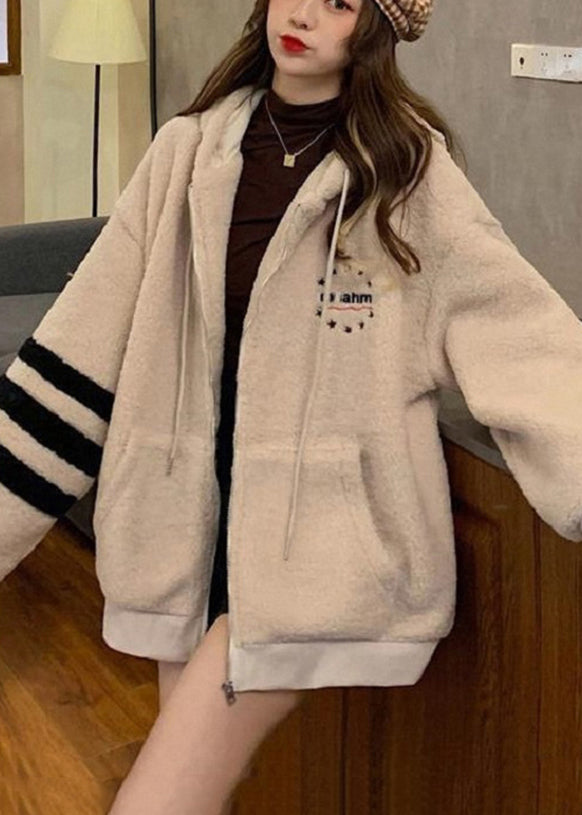 Apricot Striped Patchwork Warm Fleece Thick Faux Fur Hooded Parka Winter