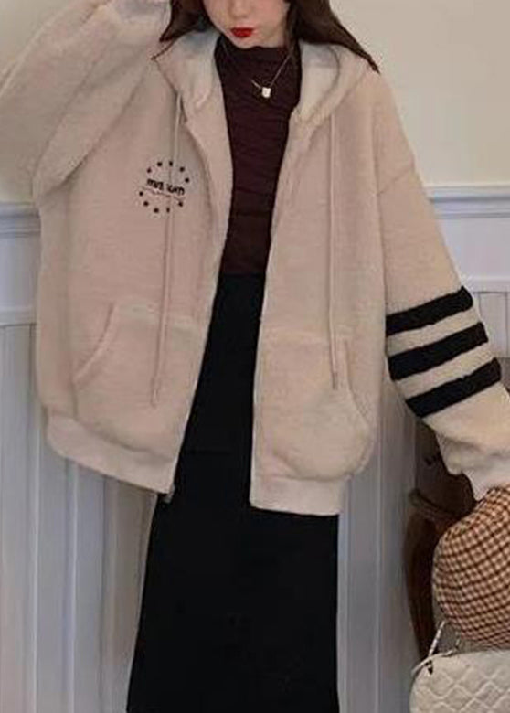 Apricot Striped Patchwork Warm Fleece Thick Faux Fur Hooded Parka Winter