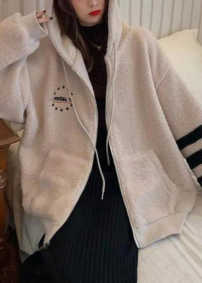 Apricot Striped Patchwork Warm Fleece Thick Faux Fur Hooded Parka Winter