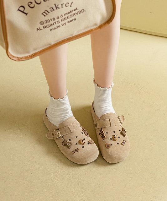 Apricot Suede Splicing Hollow Out Slide Sandals