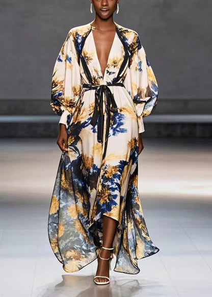 Apricot Tie Waist Print Chiffon Maxi Dresses Spring