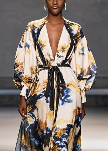 Apricot Tie Waist Print Chiffon Maxi Dresses Spring