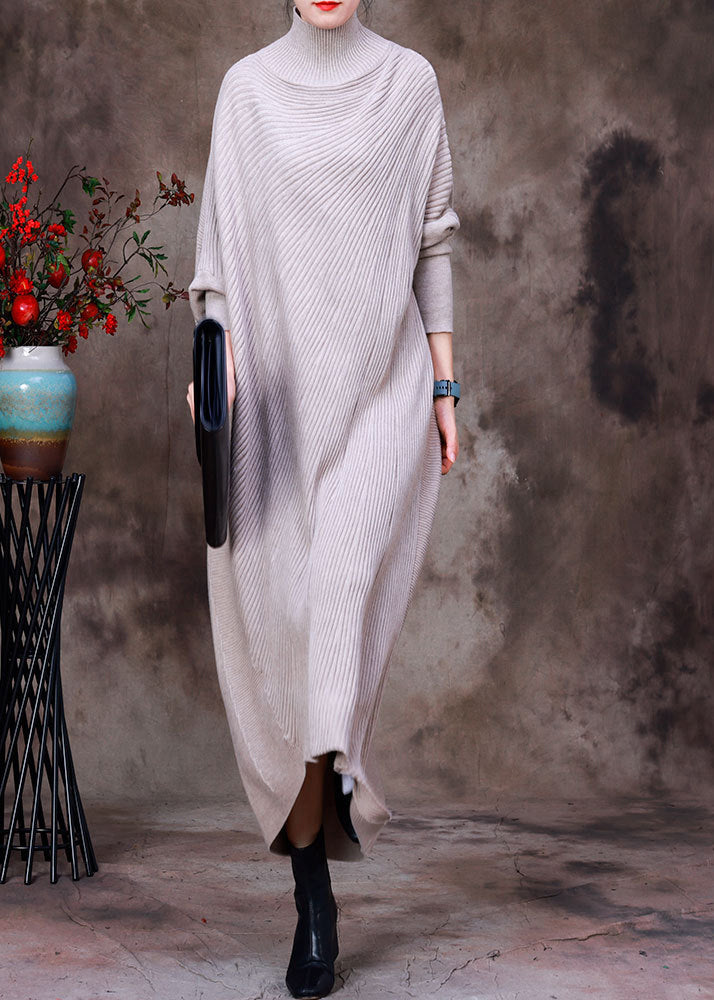 Apricot Turtleneck Low High Design Woolen Knit Ankle Sweater Dress Long Sleeve