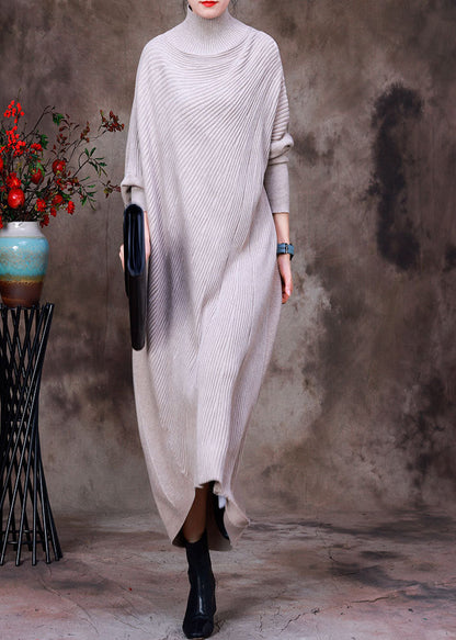 Apricot Turtleneck Low High Design Woolen Knit Ankle Sweater Dress Long Sleeve