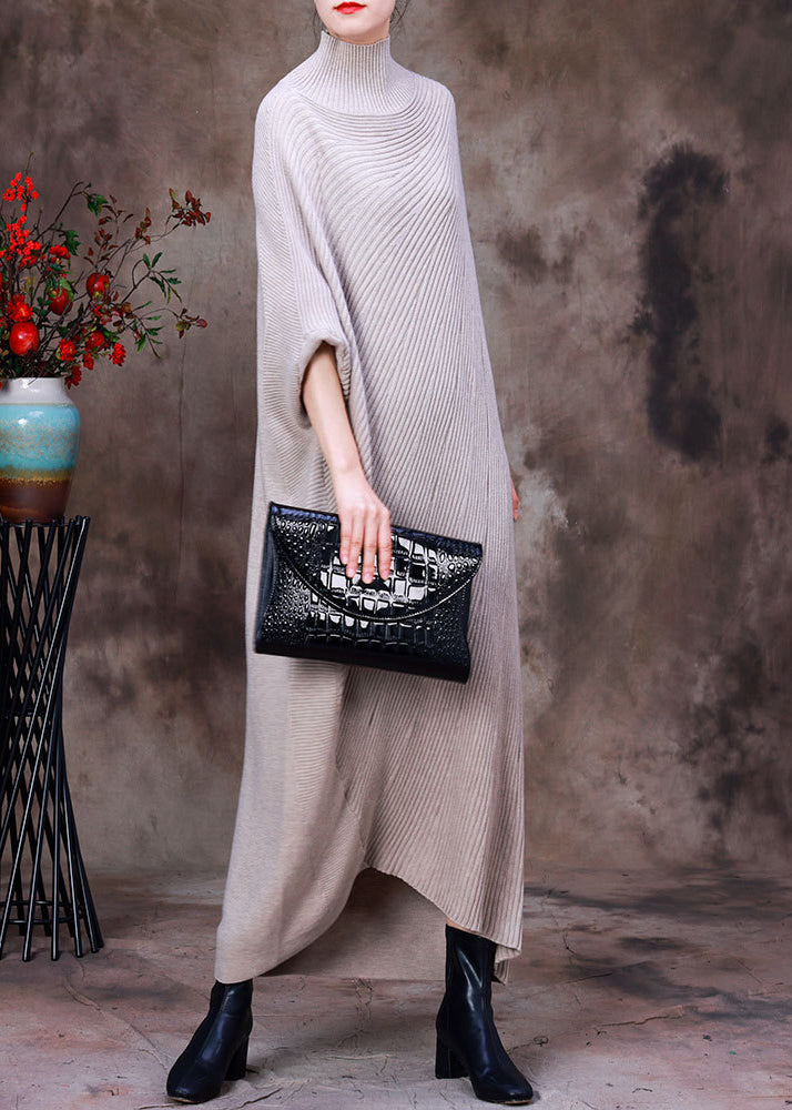 Apricot Turtleneck Low High Design Woolen Knit Ankle Sweater Dress Long Sleeve