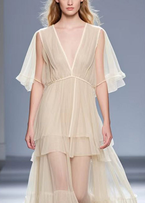Apricot V Neck Exra Large Hem Silk Long Dress Summer