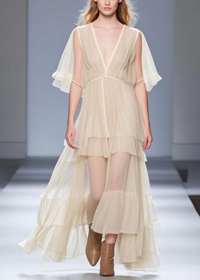 Apricot V Neck Exra Large Hem Silk Long Dress Summer