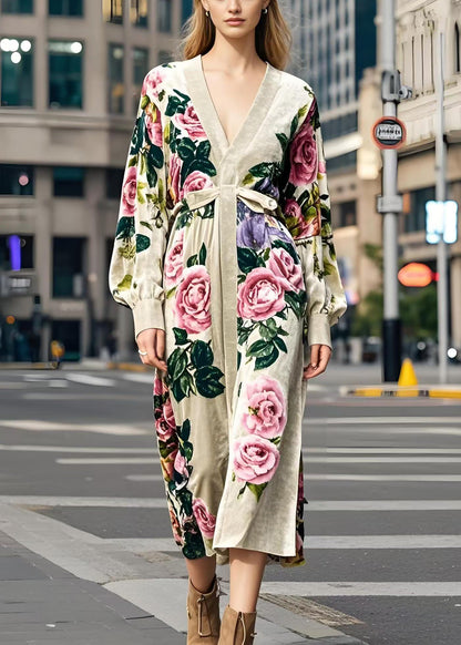 Apricot V Neck Print Silk Velvet Dress Spring