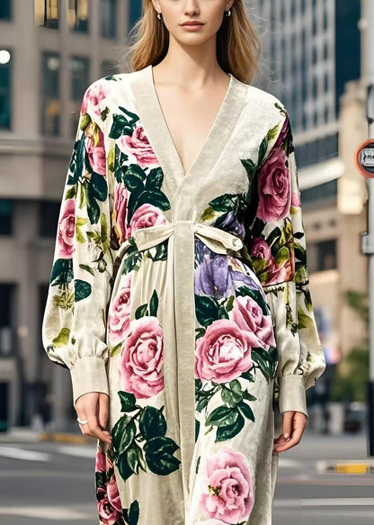 Apricot V Neck Print Silk Velvet Dress Spring
