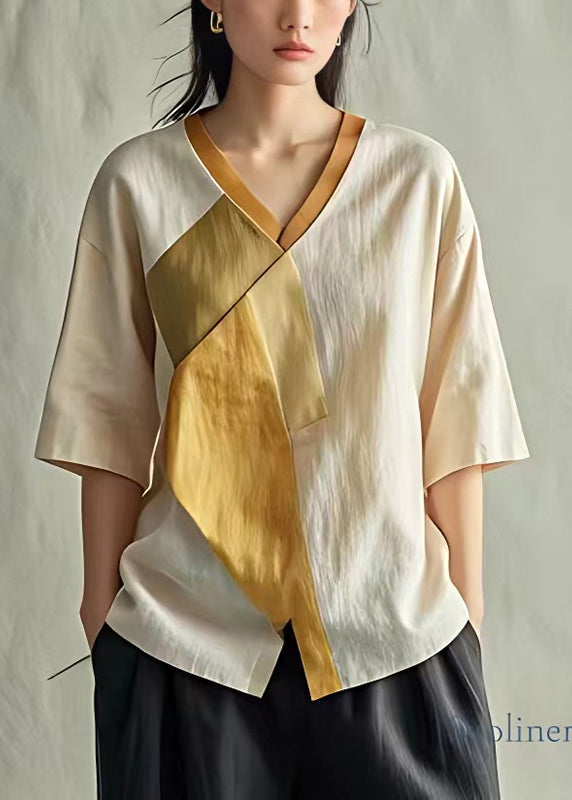 Apricot V Neck Patchwork Linen Blouse Top Summer