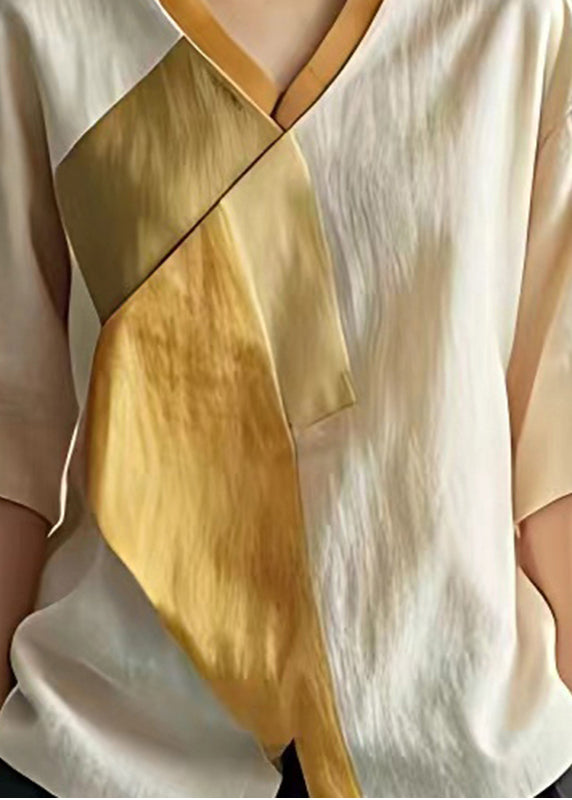 Apricot V Neck Patchwork Linen Blouse Top Summer