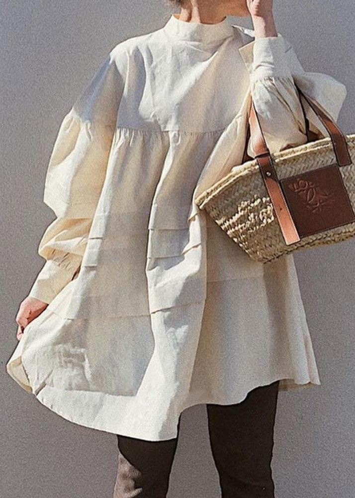 Apricot Wrinkled Patchwork Cotton Tops Long Sleeve