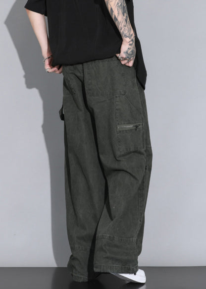 Army Green Button Pockets Elastic Waist Cotton Straight Pants Spring