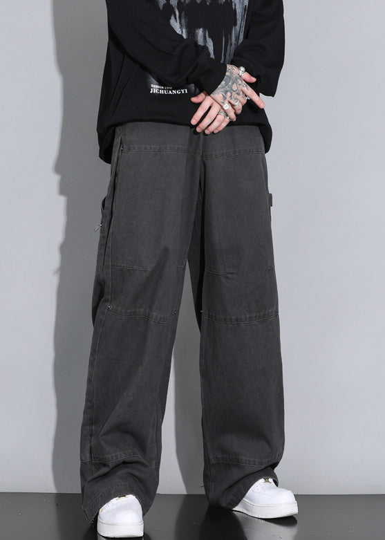 Army Green Button Pockets Elastic Waist Cotton Straight Pants Spring