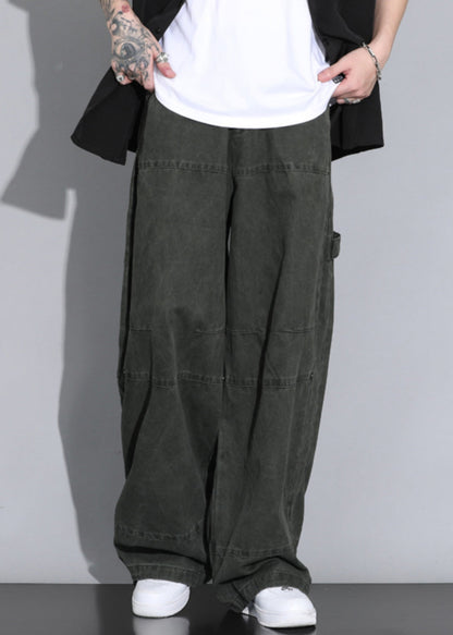 Army Green Button Pockets Elastic Waist Cotton Straight Pants Spring