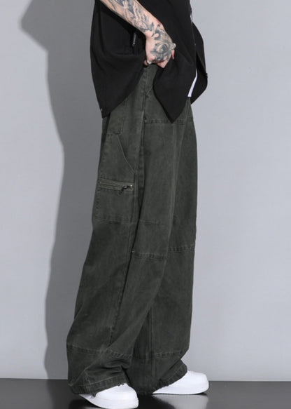 Army Green Button Pockets Elastic Waist Cotton Straight Pants Spring