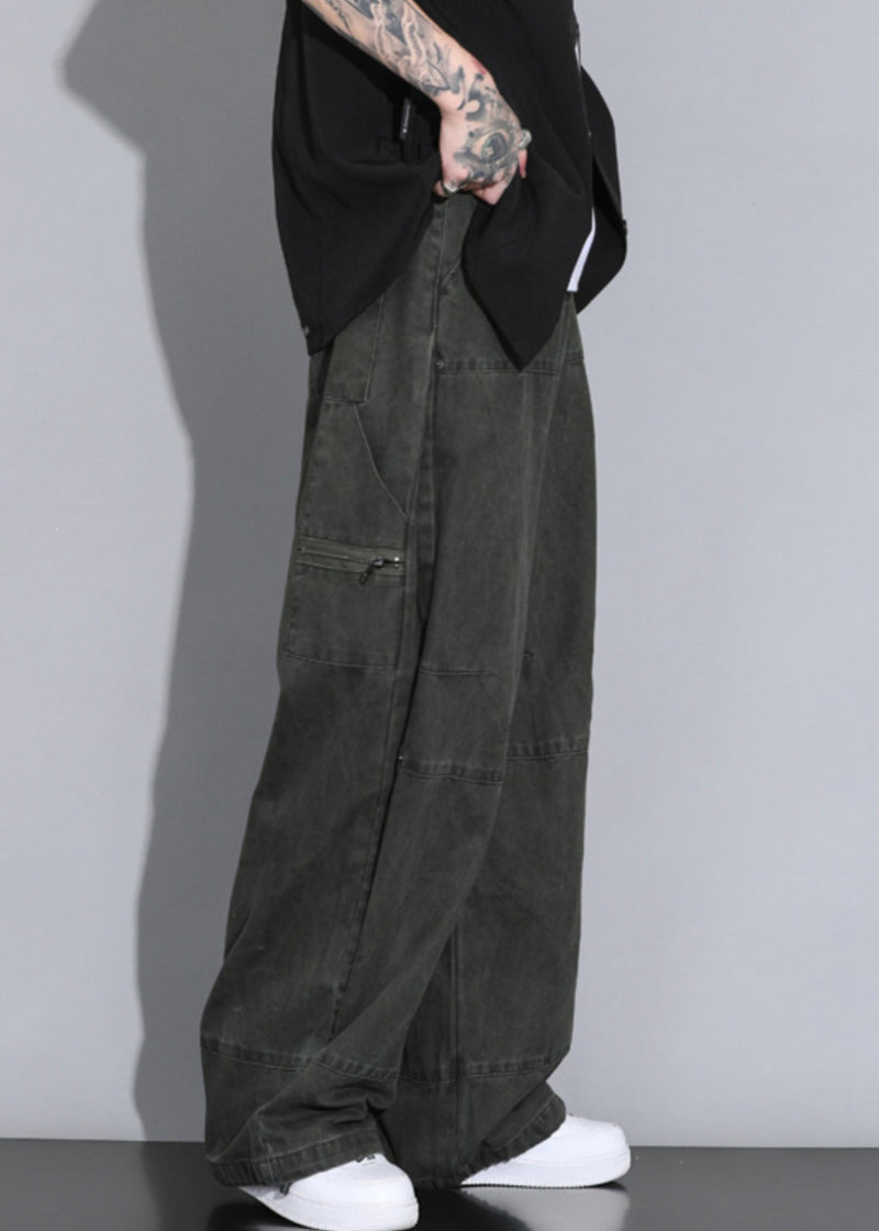 Army Green Button Pockets Elastic Waist Cotton Straight Pants Spring