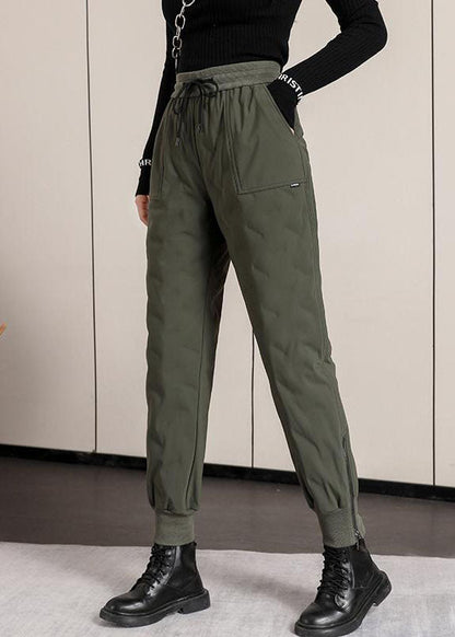 Army Green Elastic Waist Pockets Duck Down Harem Pants Winter