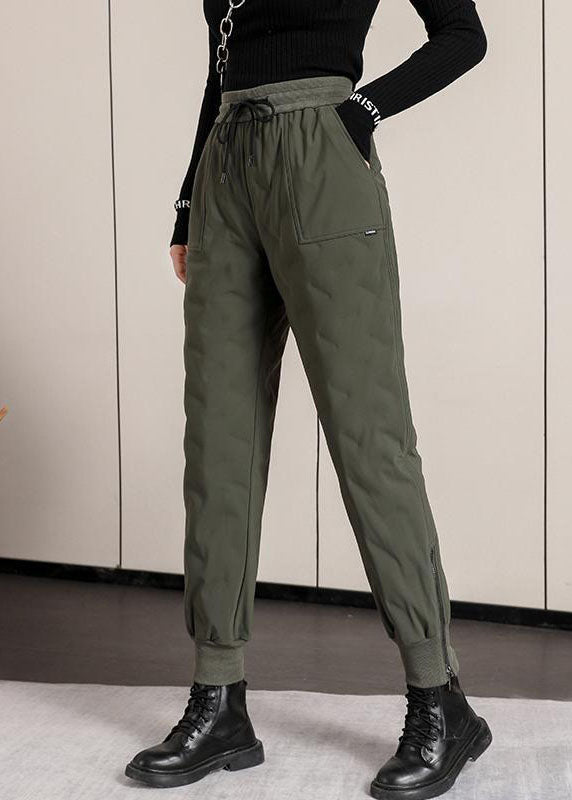 Army Green Elastic Waist Pockets Duck Down Harem Pants Winter