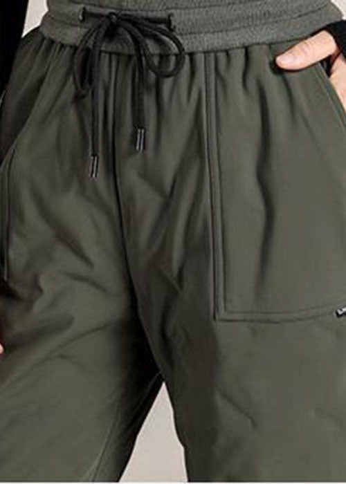 Army Green Elastic Waist Pockets Duck Down Harem Pants Winter