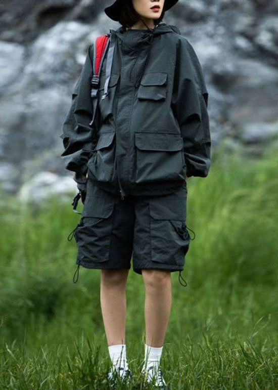 Army Green Hooded Pockets Drawstring Coat Spring