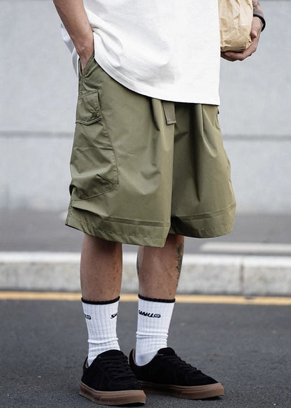 Army Green Pockets Elastic Waist Cotton Shorts Summer