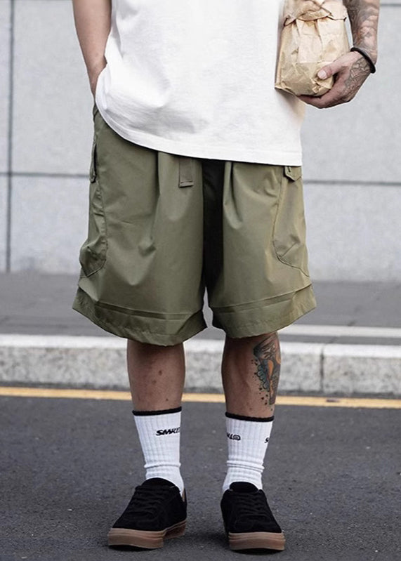 Army Green Pockets Elastic Waist Cotton Shorts Summer