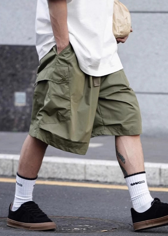 Army Green Pockets Elastic Waist Cotton Shorts Summer