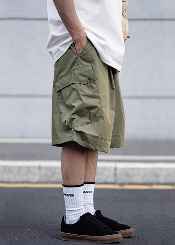 Army Green Pockets Elastic Waist Cotton Shorts Summer