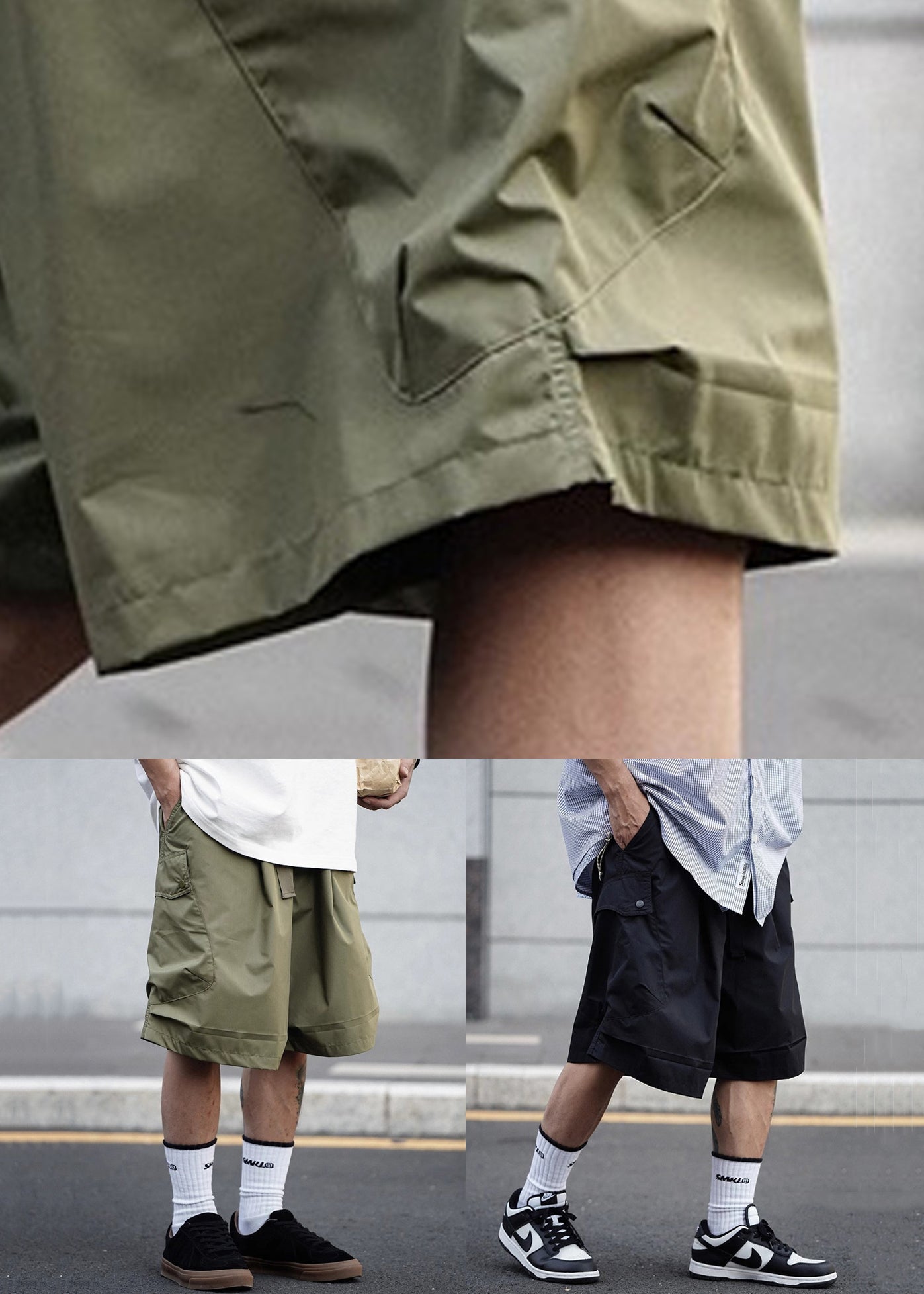 Army Green Pockets Elastic Waist Cotton Shorts Summer