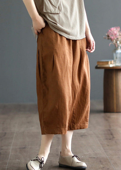 Army Green Pockets Elastic Waist Cozy Linen Wide Leg Pants Summer