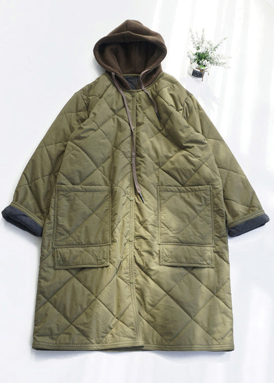 Army Green Pockets Fine Cotton Filled Hooded Coat Spring
