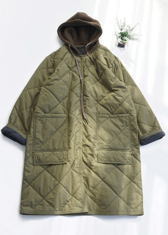 Army Green Pockets Fine Cotton Filled Hooded Coat Spring