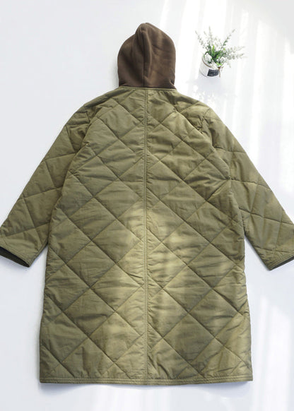Army Green Pockets Fine Cotton Filled Hooded Coat Spring