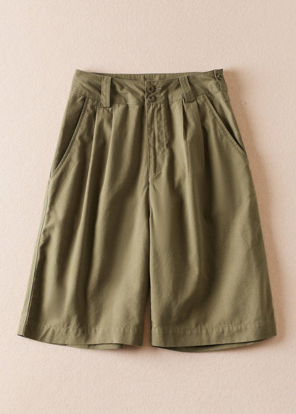 Army Green Pockets High Waist Cotton Shorts Summer