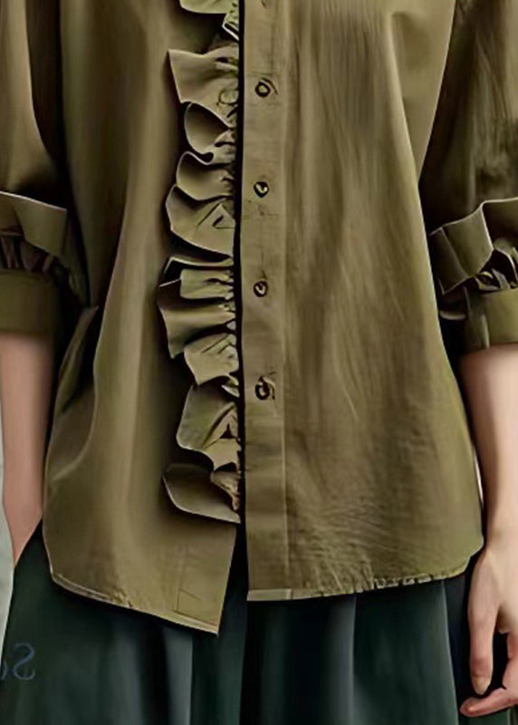 Army Green Ruffled Button Tops Bracelet Sleeve