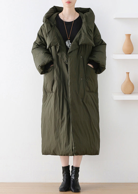 Army Green Turtleneck Zippered Duck Down Hooded Long Down Coat Winter