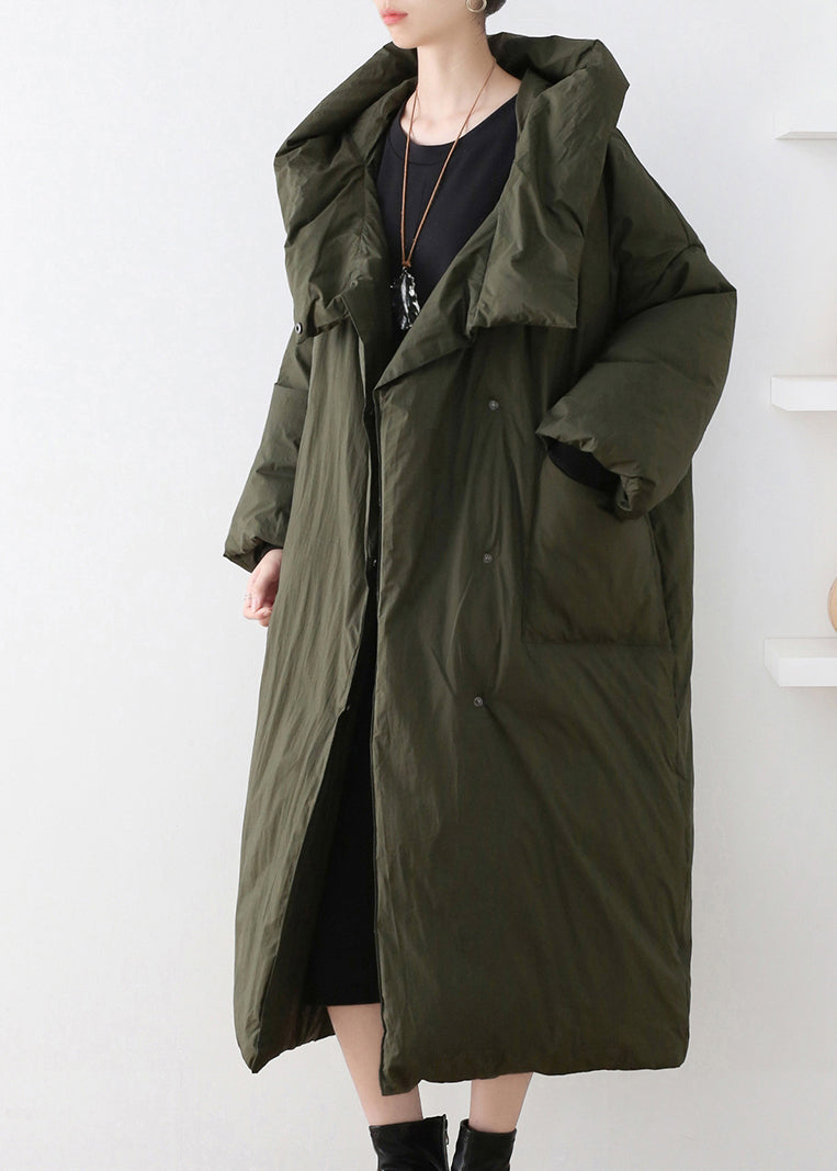 Army Green Turtleneck Zippered Duck Down Hooded Long Down Coat Winter
