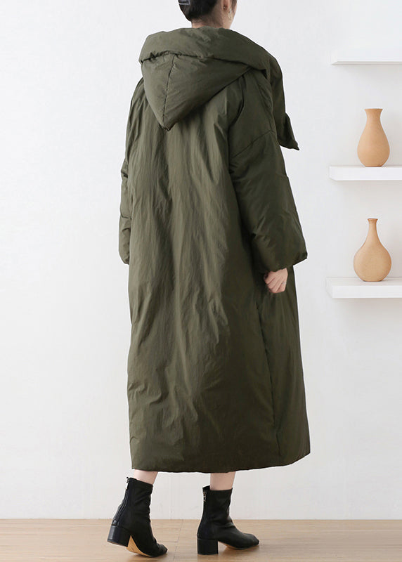 Army Green Turtleneck Zippered Duck Down Hooded Long Down Coat Winter