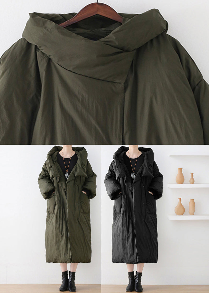 Army Green Turtleneck Zippered Duck Down Hooded Long Down Coat Winter