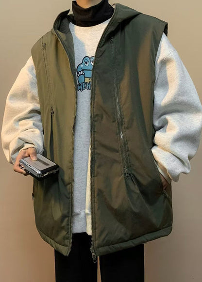 Army Green Zip Up Fine Cotton Filled Hooded Vests Winter